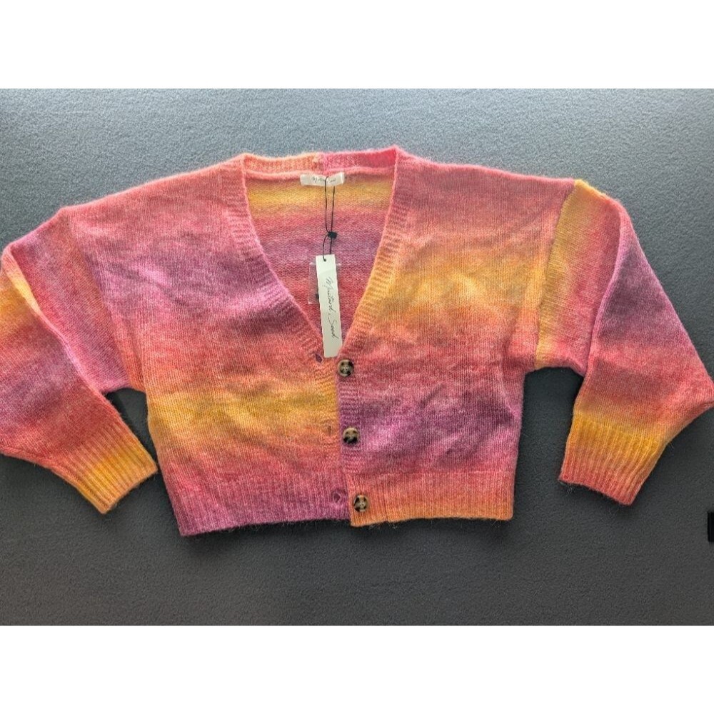 Mustard Seed Ombre Knit Cardigan Sweater V-Neck Button Front Sunset M NWT